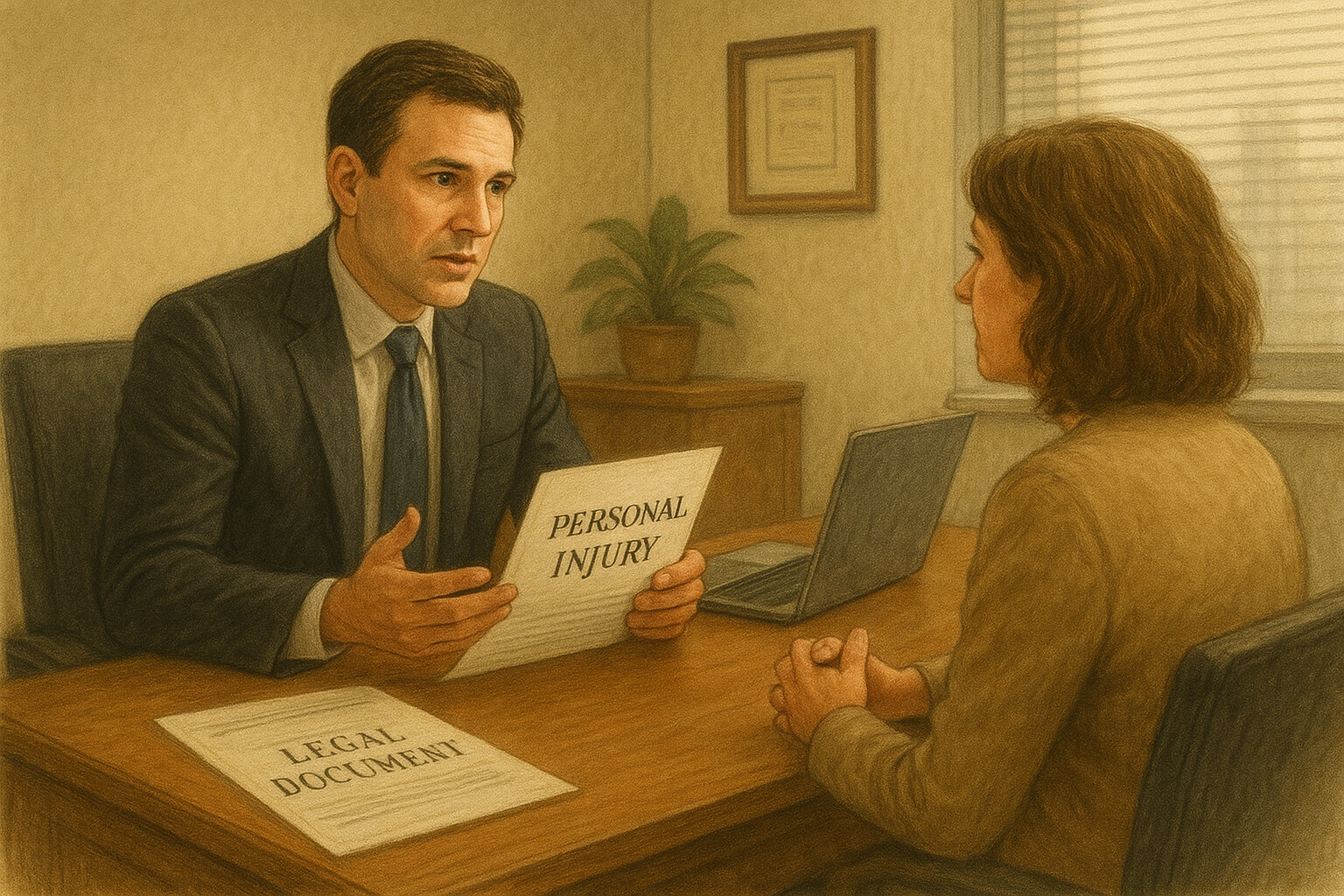 Client meeting with a personal injury attorney to discuss case details.