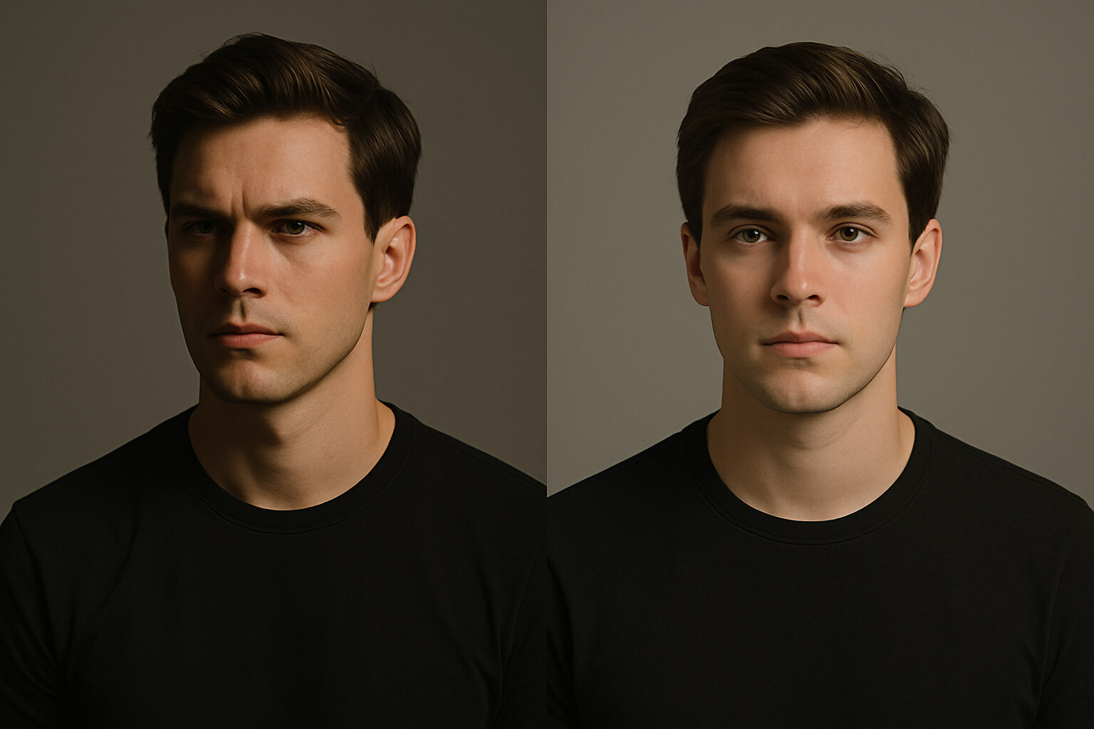 Side-by-side comparison of hard and soft lighting on a portrait subject in a studio setup