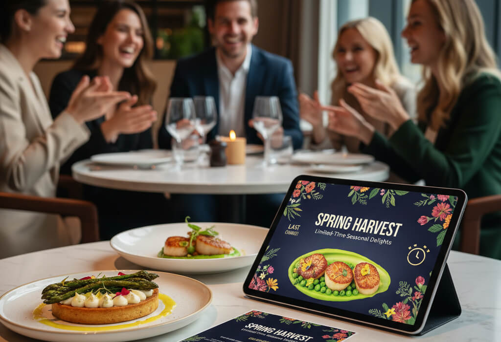 Limited-time seasonal menu displayed in a restaurant, with diners enjoying exclusive dishes.