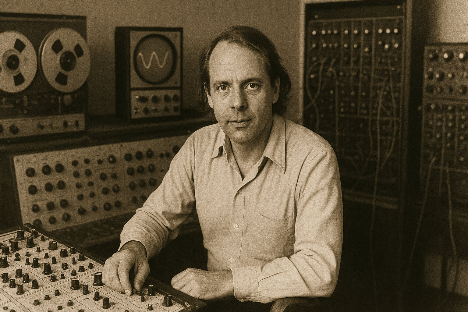 Karlheinz Stockhausen experimenting with early electronic music equipment