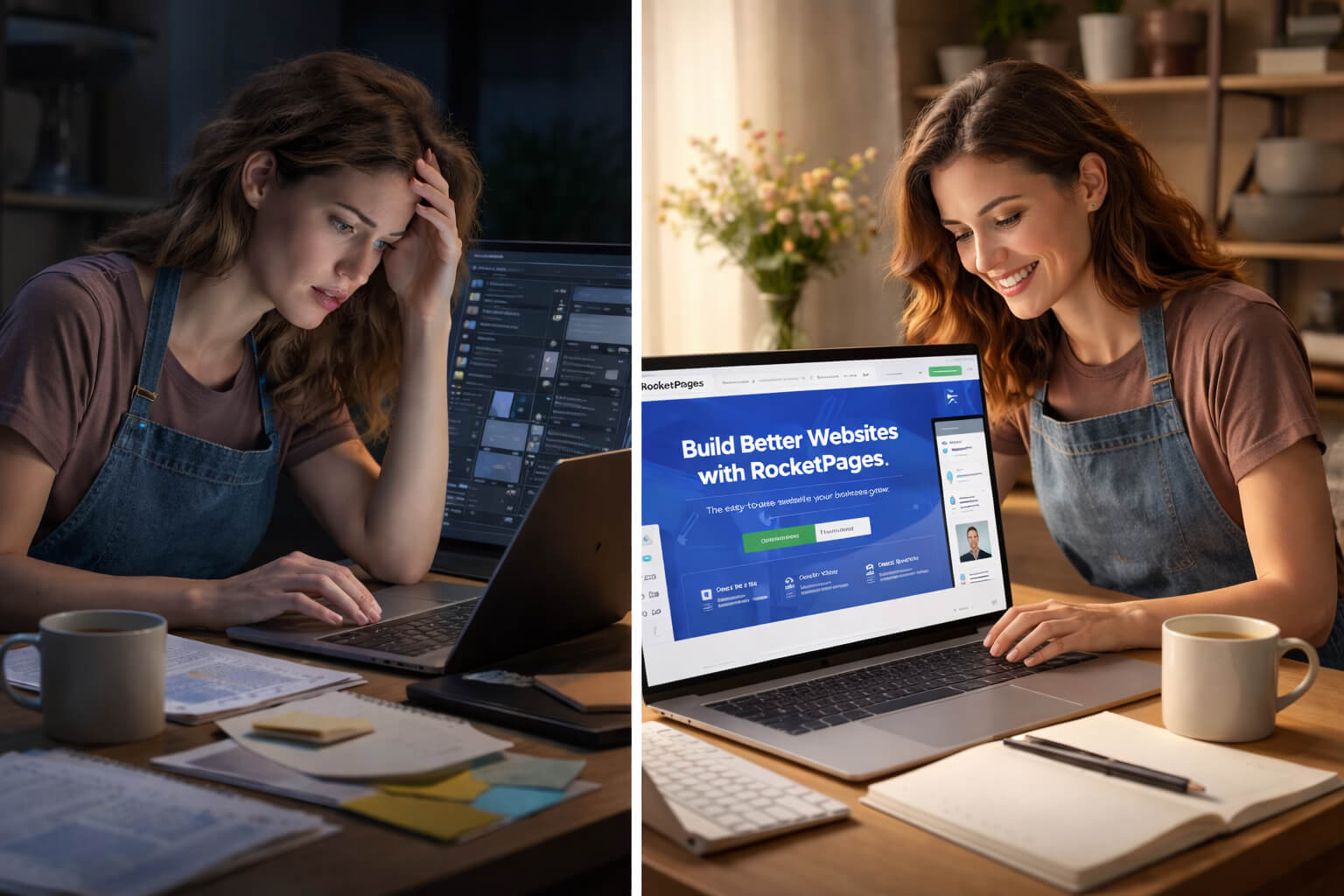 Small business owner comparing complex website builder vs easy website creation platform