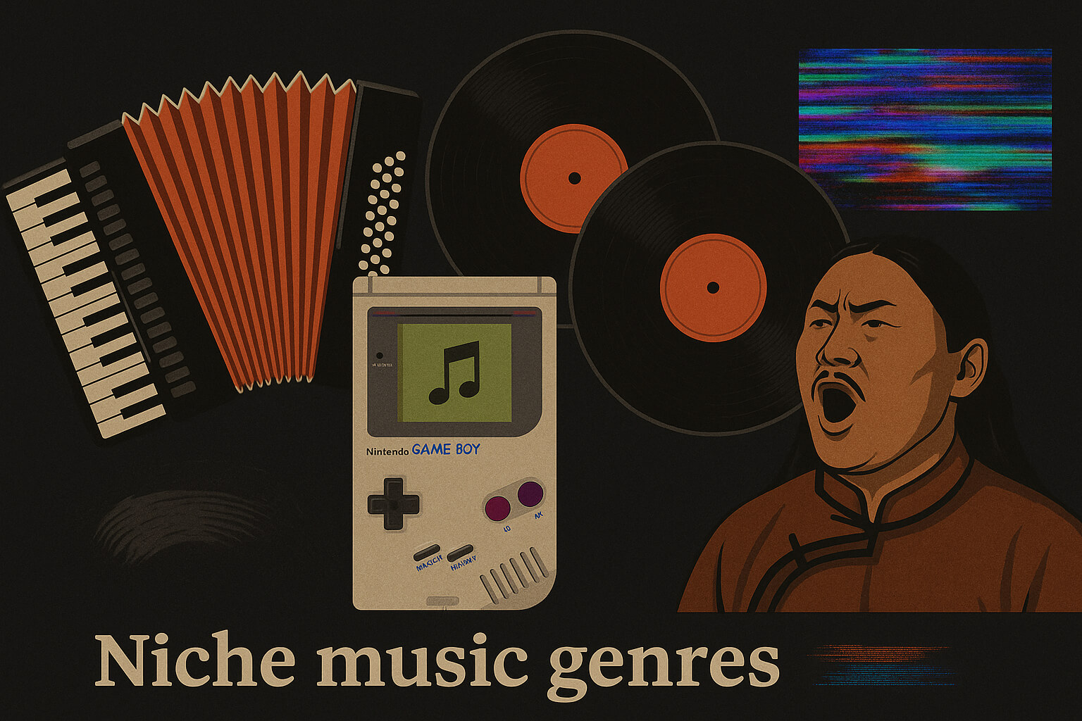 Visual representation of obscure music genres including instruments and retro digital elements, symbolizing niche and experimental soundscapes.