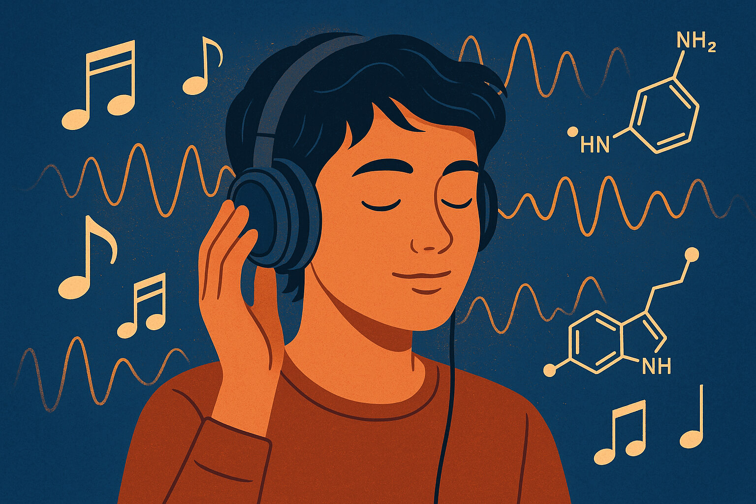 Person enjoying music with visual elements like brainwaves, dopamine molecules, and floating musical notes representing why music makes you feel good.