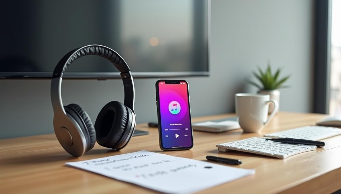 Headphones next to a smartphone with a music app and download button displayed.