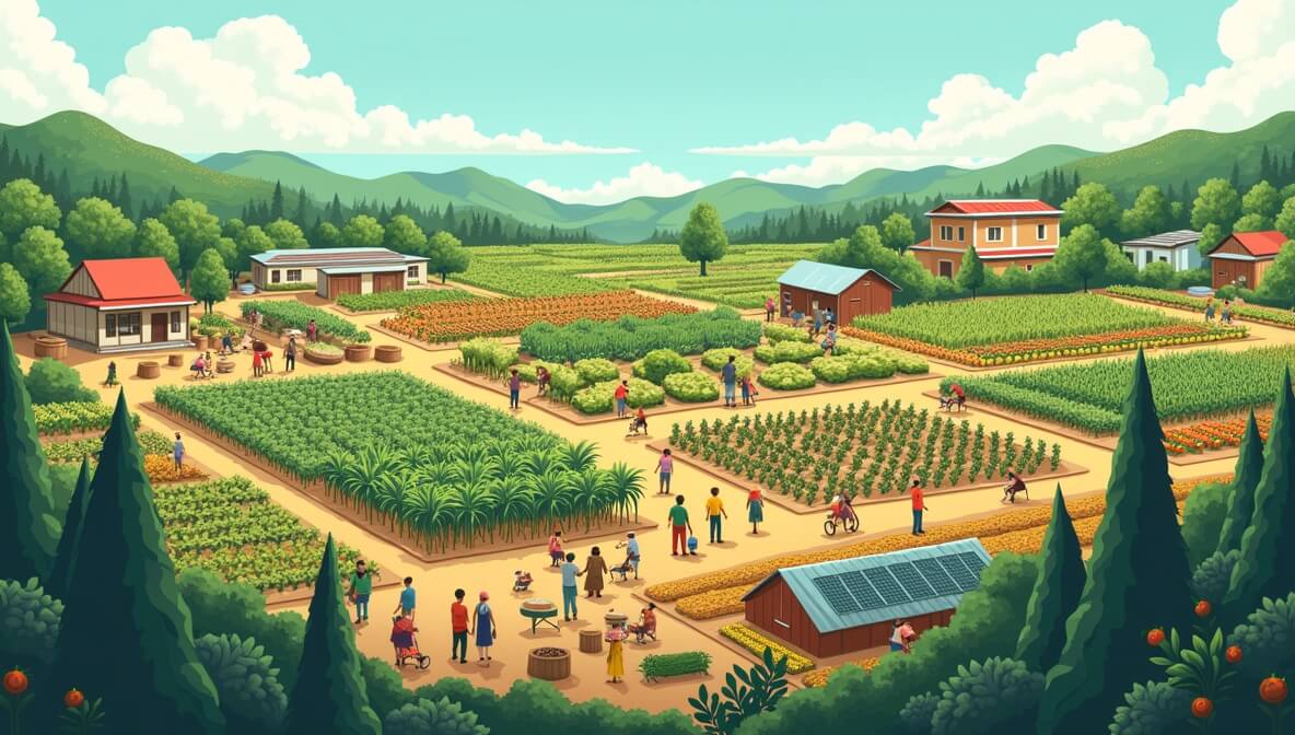 Illustration of global food systems showing farms, markets, and people sharing food, symbolizing challenges and sustainable solutions.