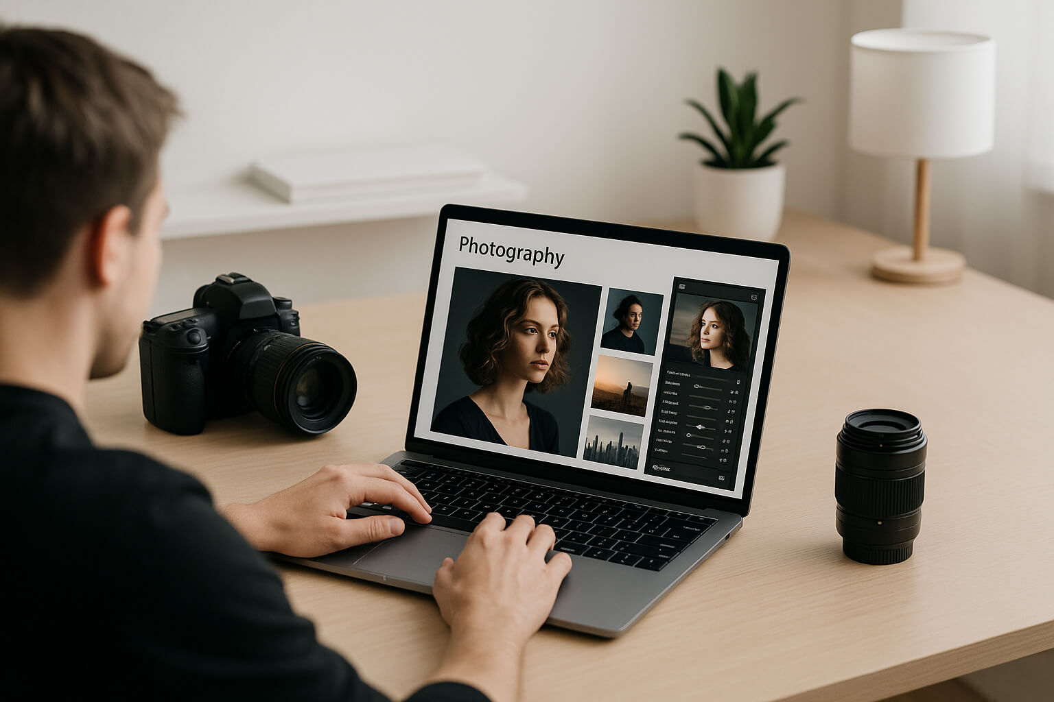 Photographer building a modern online portfolio website with camera gear and editing tools on desk.