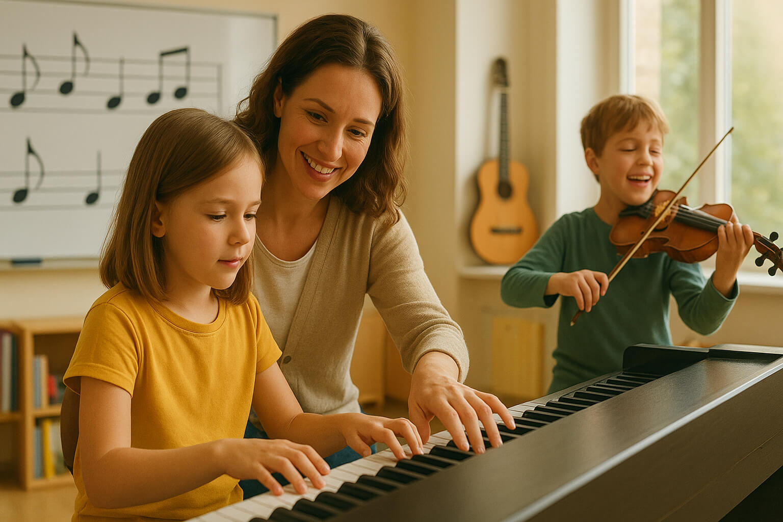 A young child learning piano with a teacher while another child plays violin, representing the best age to start music lessons.