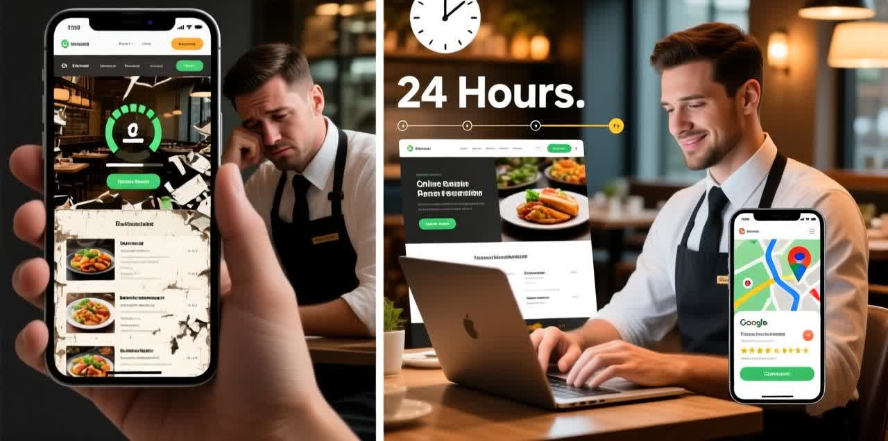 Restaurant owner updating their restaurant website in 24 hours, showing before and after views with improved menu visibility, mobile optimization, and online reservations.