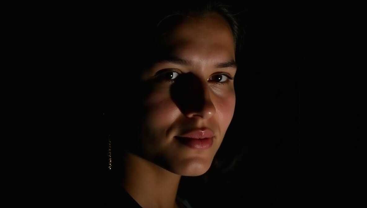 Portrait photograph with Rembrandt lighting, featuring a triangle of light on the subject’s cheek, soft shadows, and a dramatic contrast against a dark background.