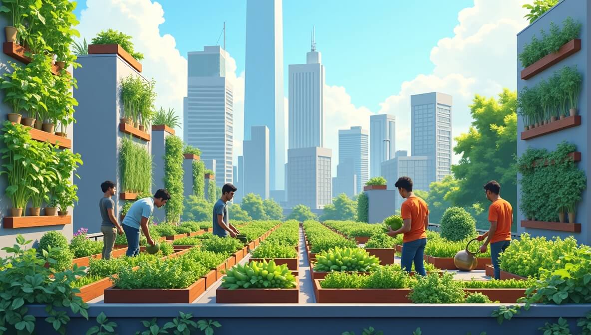 A vibrant urban rooftop farm with fresh vegetables, community members harvesting produce, and city skyscrapers in the background.