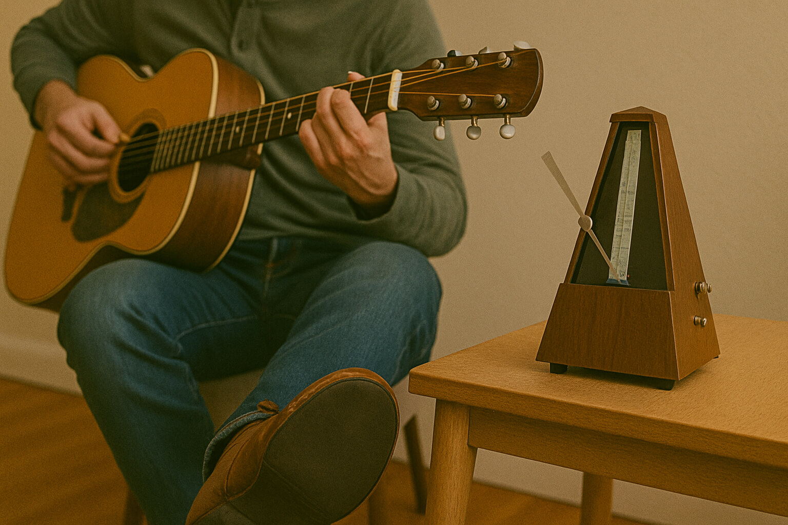 Guitarist keeping time with a foot tap and metronome.