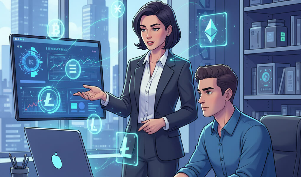 Business attorney discussing cryptocurrency legal compliance and regulations with an investor.