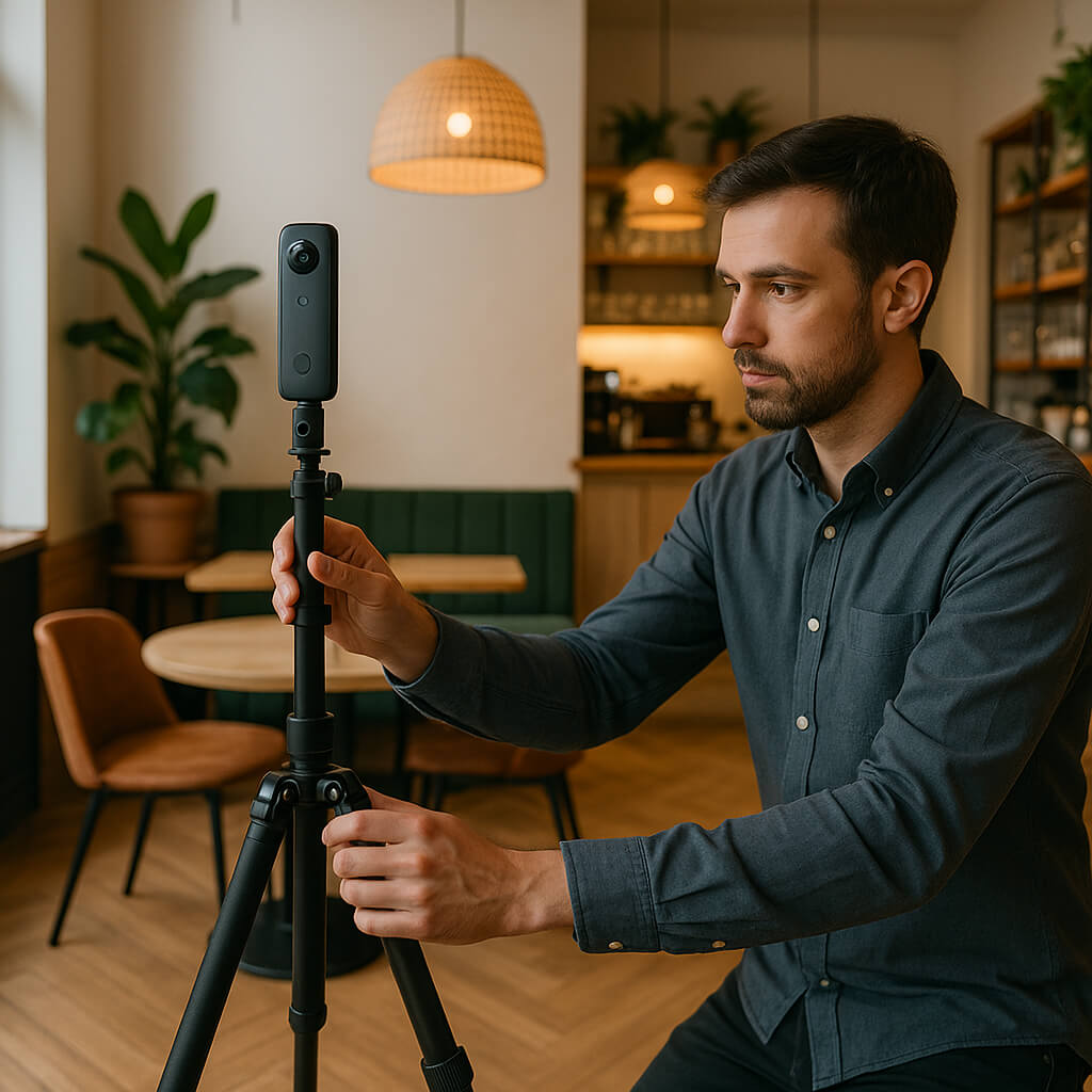 Photographer setting up a 360 camera inside a modern café to capture images for Google Street View.