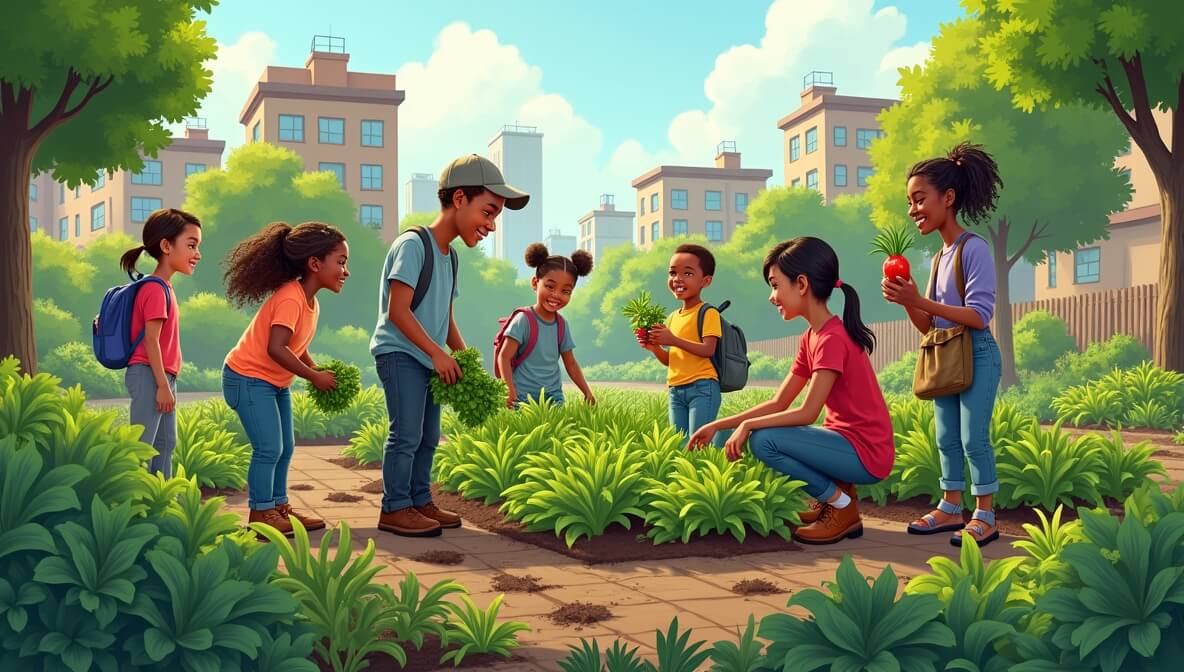 Neighbors working together in a community garden, planting vegetables and sharing resources in an urban green space.