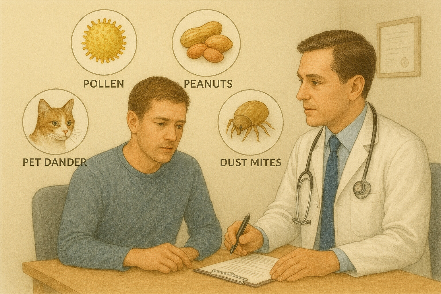 A person consulting a doctor about allergy symptoms, surrounded by icons representing pollen, food, pets, and dust.