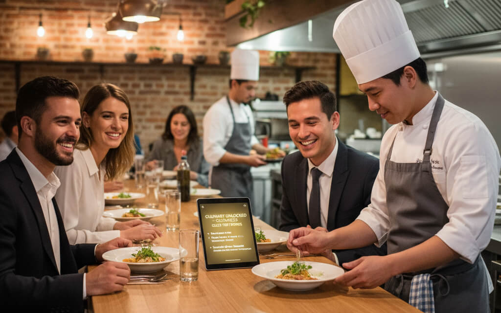 Restaurant staff serving exclusive subscription meals to happy customers while a digital tablet shows the subscription program details.