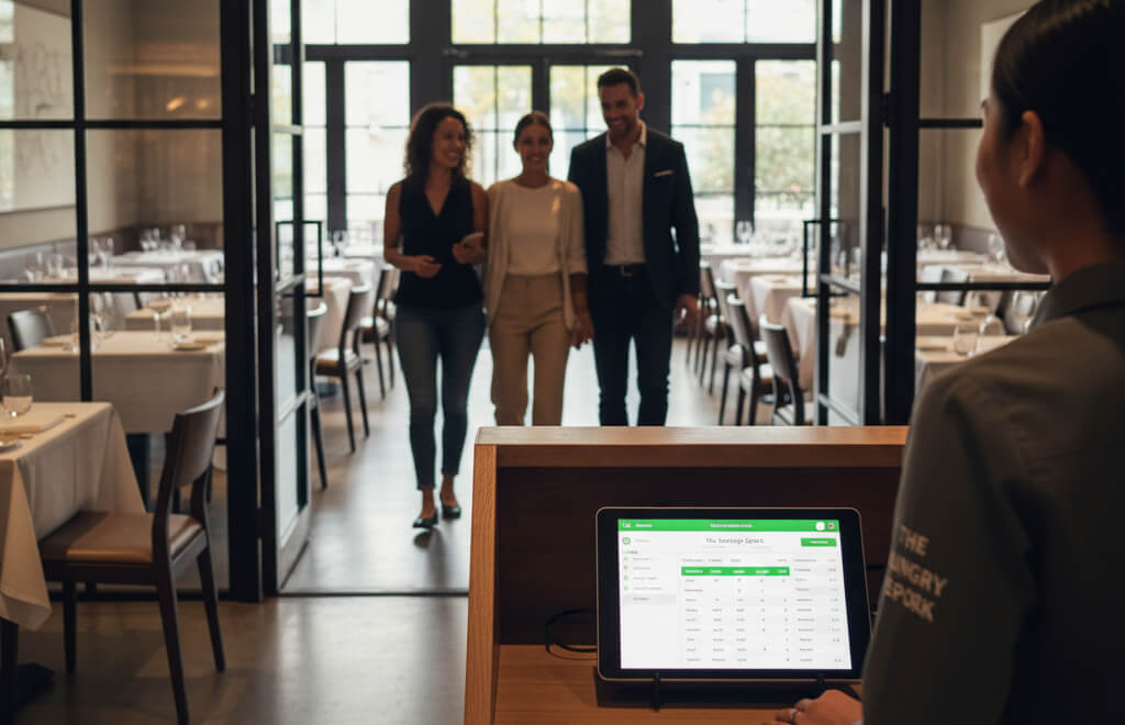 Restaurant host using an online booking system to reduce no-shows and manage reservations.