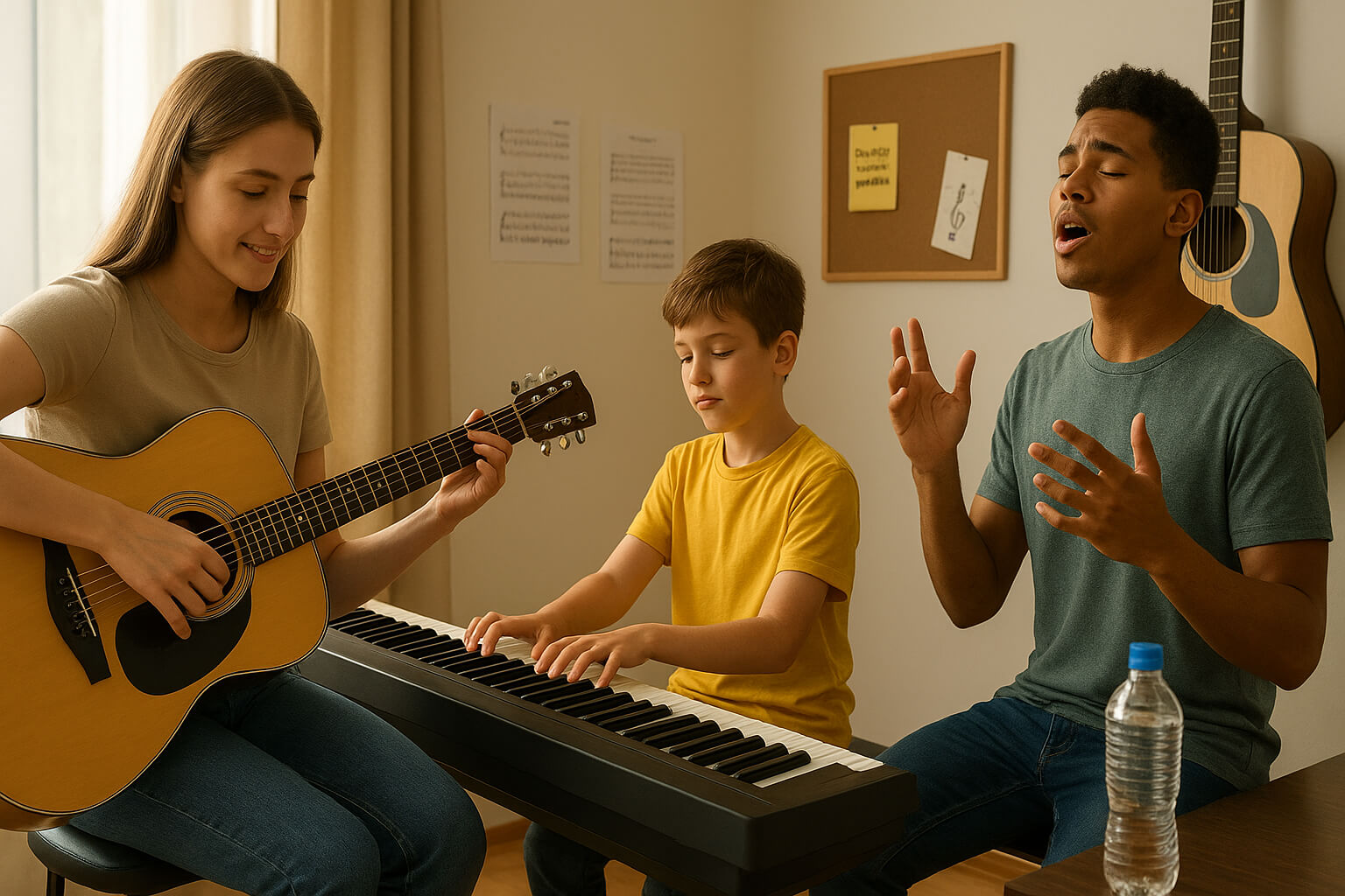 Beginner musician practicing warm-up exercises on guitar, piano, and vocals before playing.