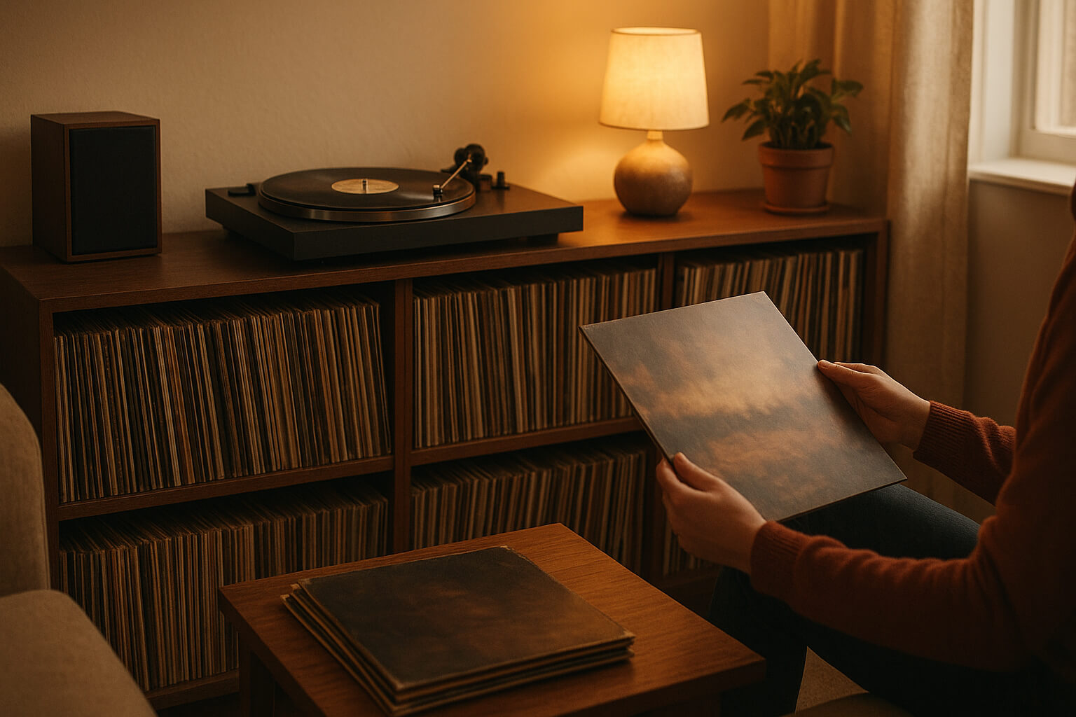 Vinyl records and turntable setup in a cozy living room