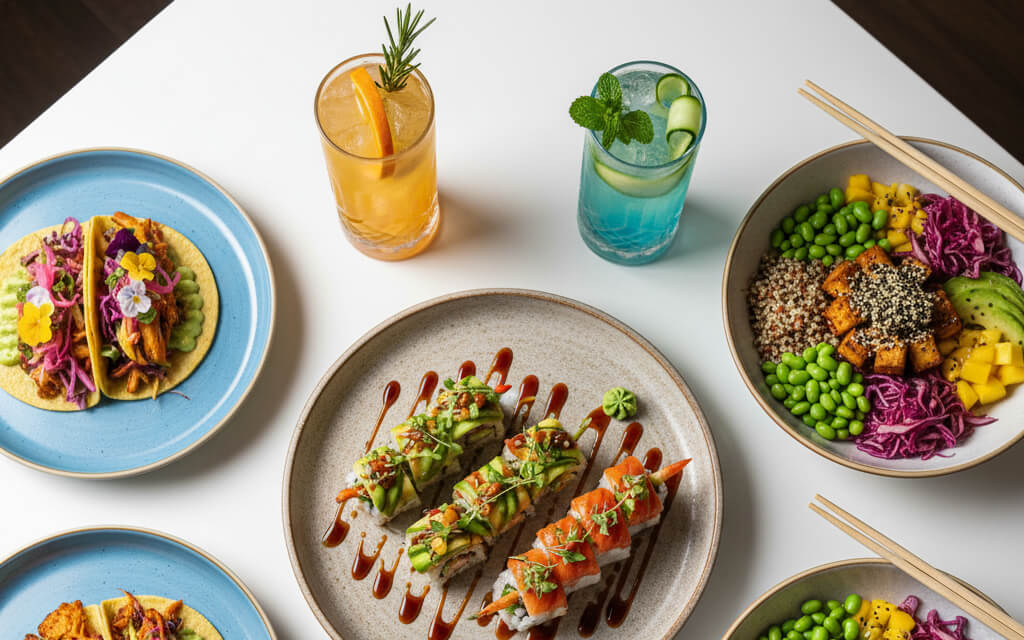 An overhead view of a modern restaurant table featuring 2025's top food trends: plant-based sushi rolls, gourmet street tacos, poke bowls, and artisanal mocktails, set in a sleek, contemporary dining environment.