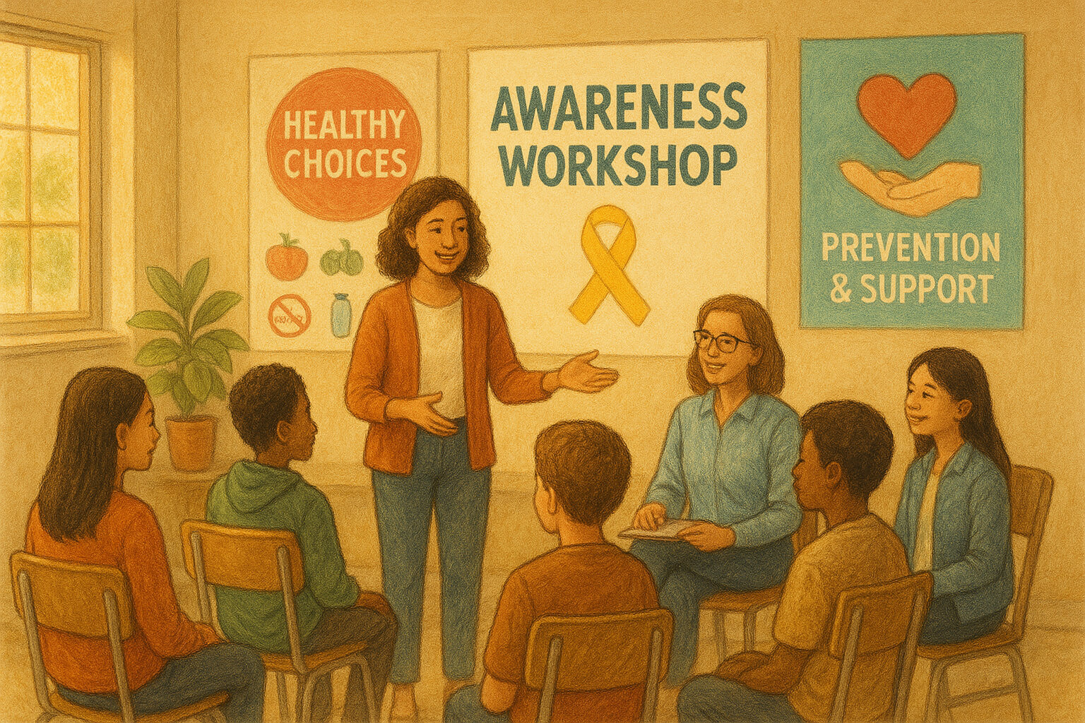 Students in an awareness workshop discussing healthy choices with a counselor, highlighting education and community support in preventing substance abuse.