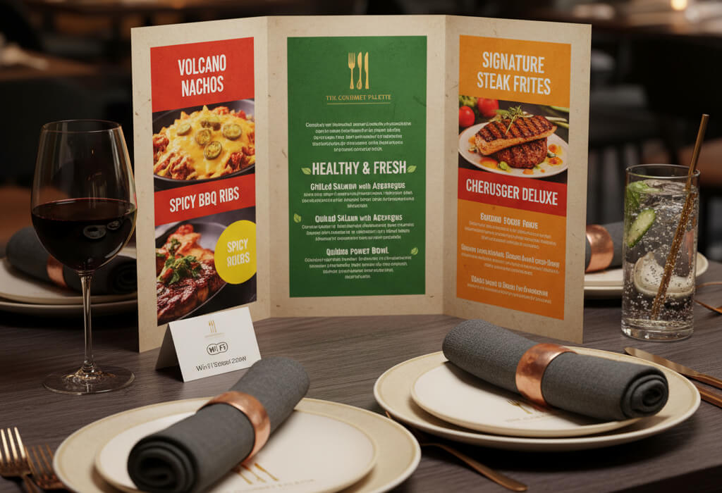 Restaurant menu using red, yellow, and green colors to influence appetite and highlight healthy and popular dishes