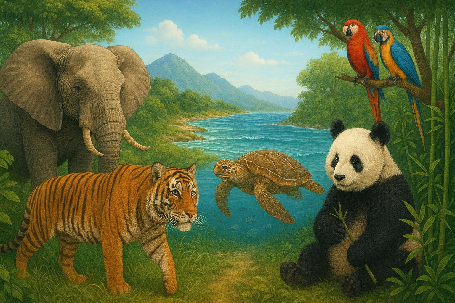 A diverse group of endangered species including an elephant, tiger, sea turtle, panda, and tropical birds shown in their natural habitats, symbolizing biodiversity conservation.