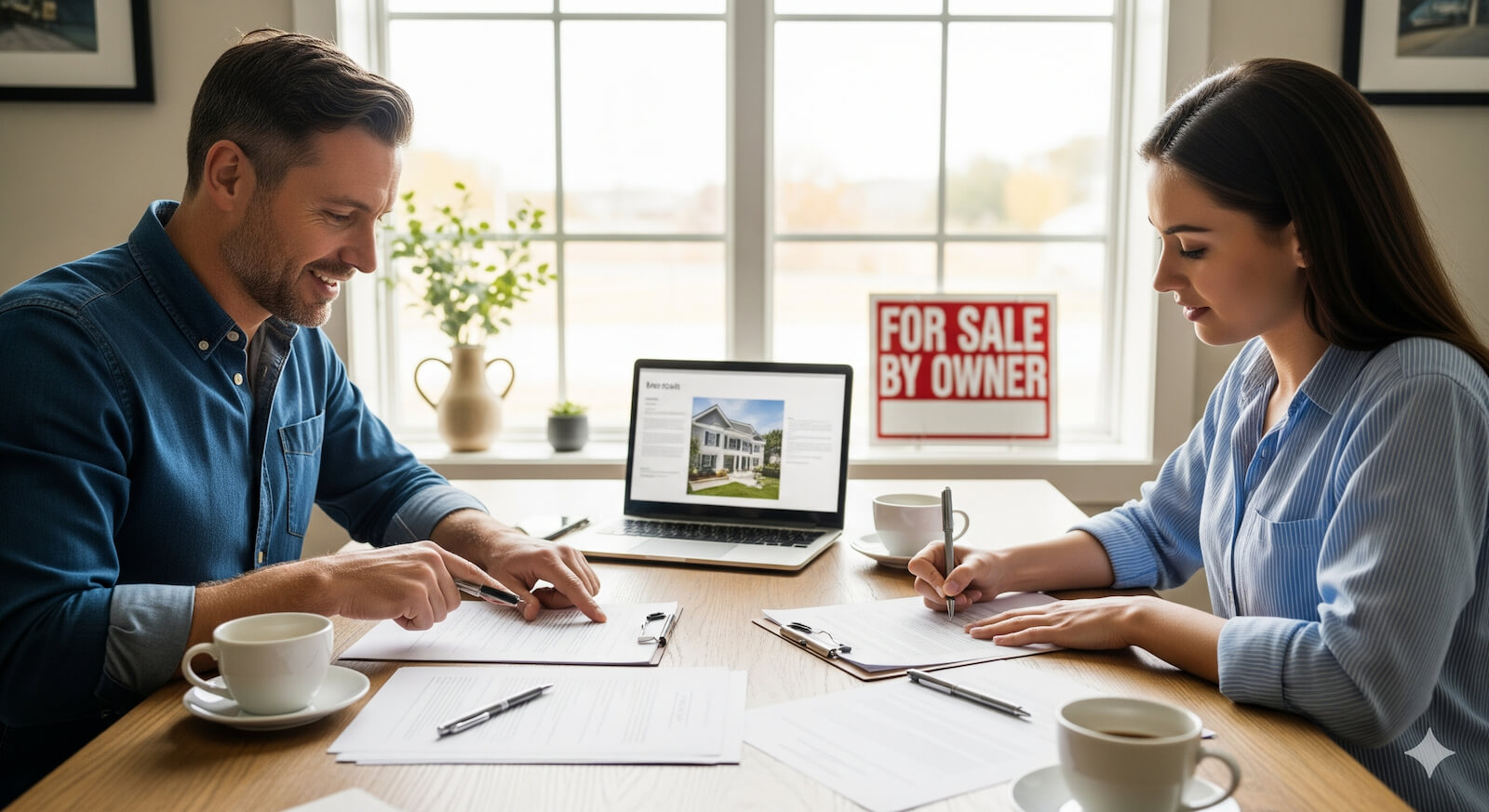 Homeowner and buyer signing FSBO real estate documents with a “For Sale By Owner” sign in the background.