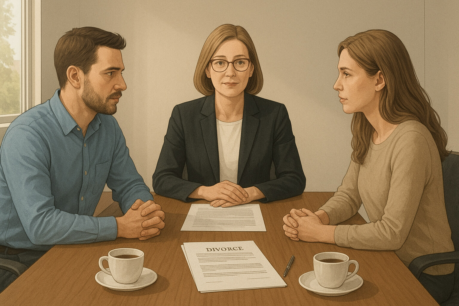 Divorcing couple working with a mediator to reach an agreement in a professional office setting.