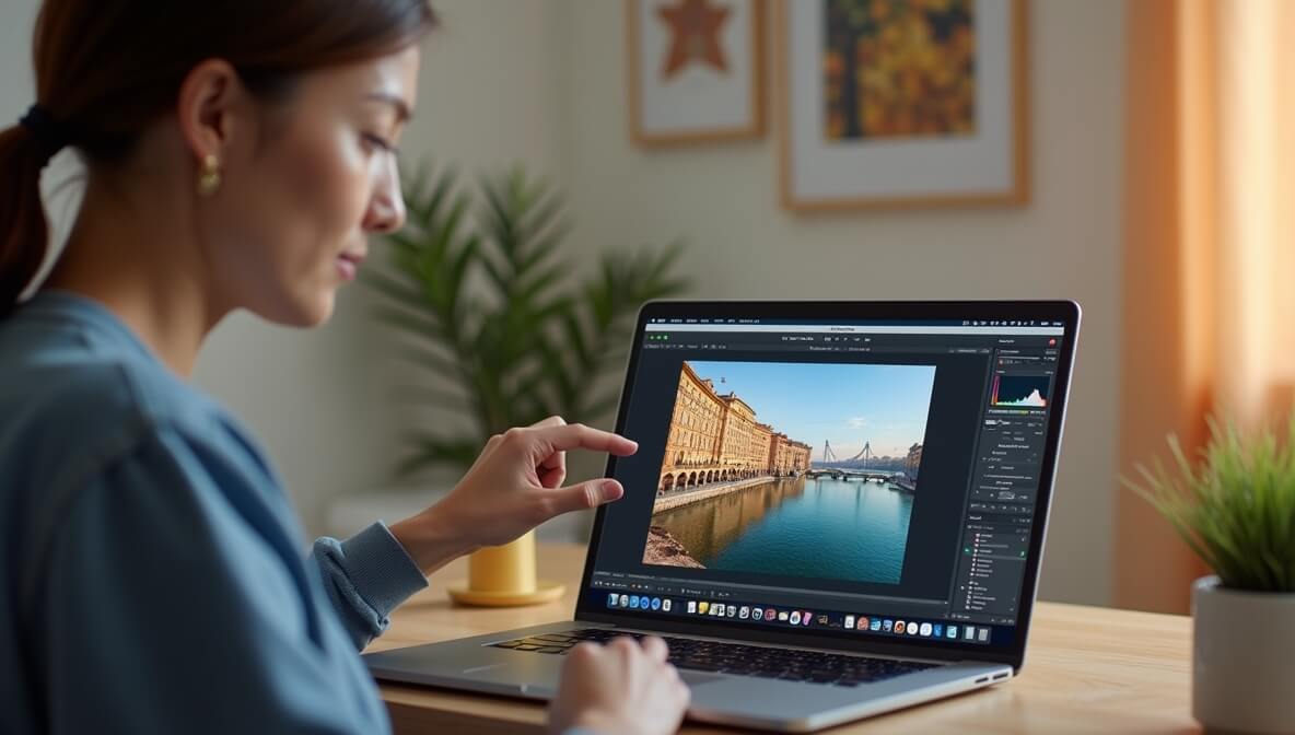 Editing a watermark off a photo on a laptop using professional photo editing software in 2025.