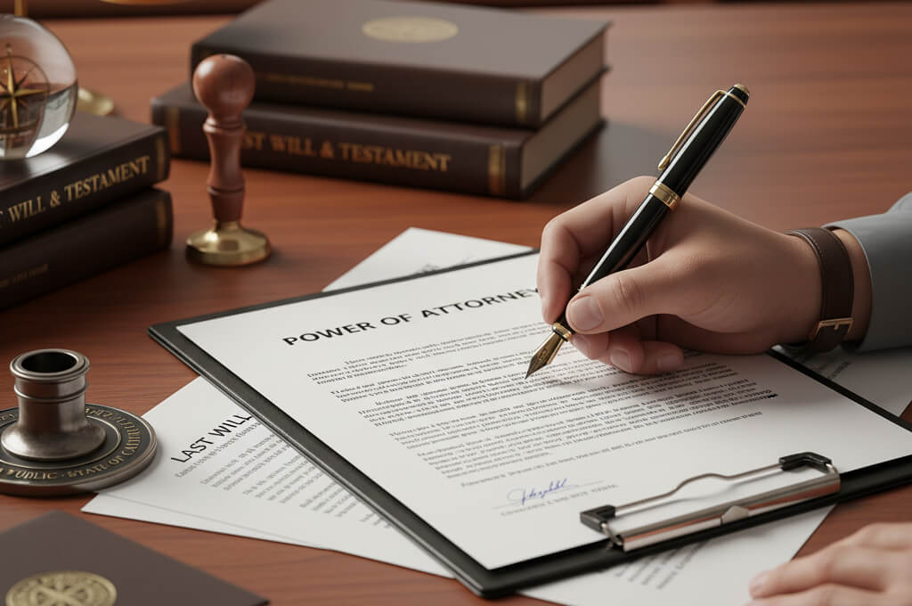 Individual signing a Power of Attorney document with a notary stamp and legal papers on the desk.