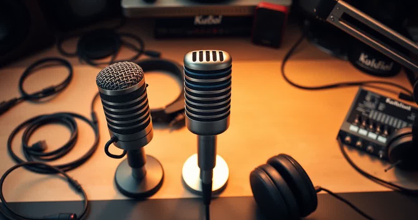 Flat lay of dynamic, condenser, and ribbon microphones on a studio desk with cables and audio gear