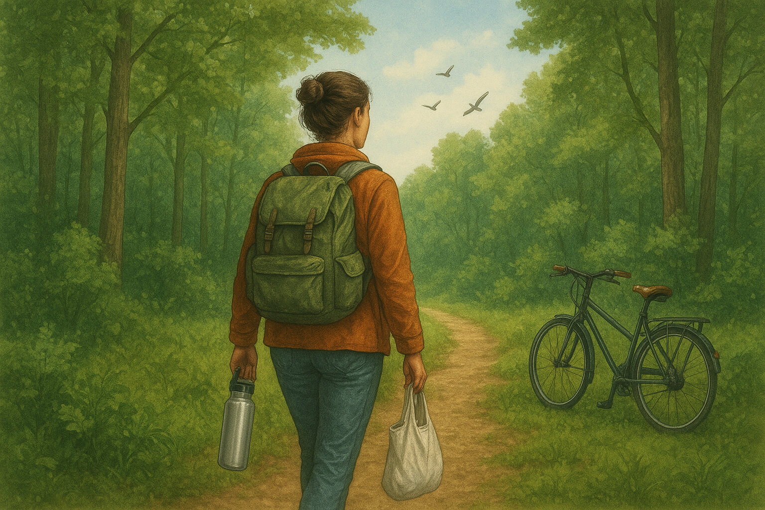 Traveler with a reusable water bottle walking through a lush green forest trail, symbolizing eco-friendly and sustainable travel practices.