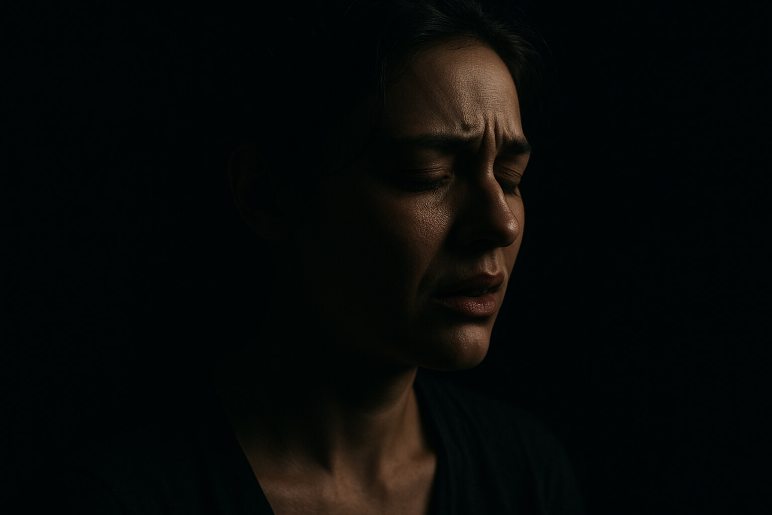 Moody side-lit portrait of woman with deep shadows and emotional expression.