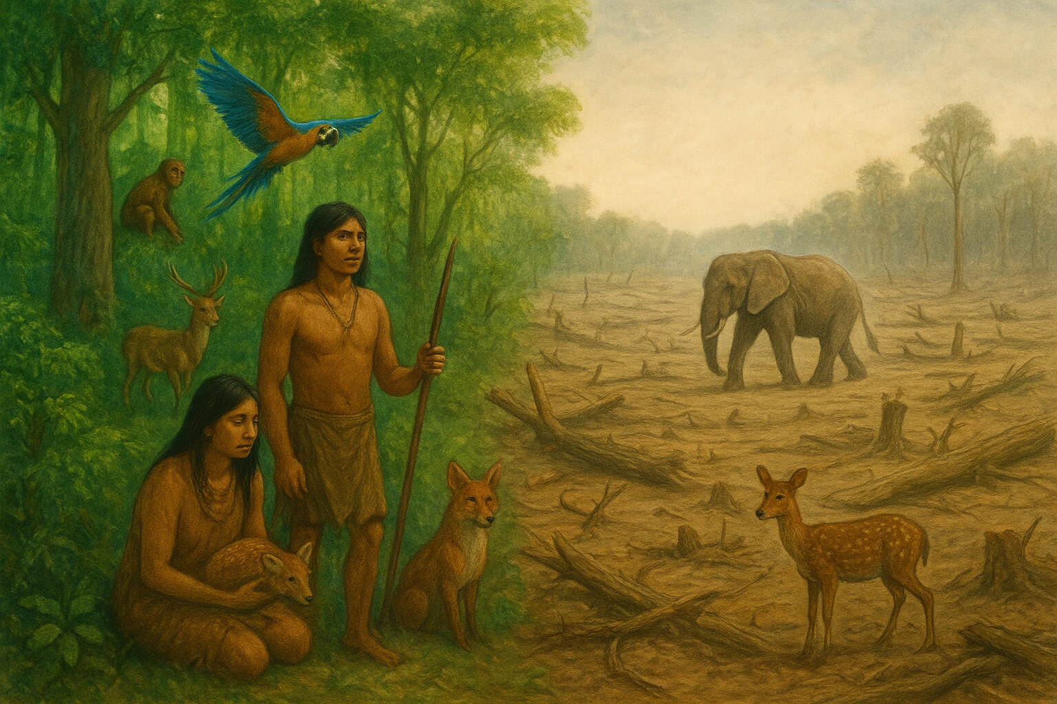 A forest being cut down, with displaced wildlife and indigenous people affected by deforestation.