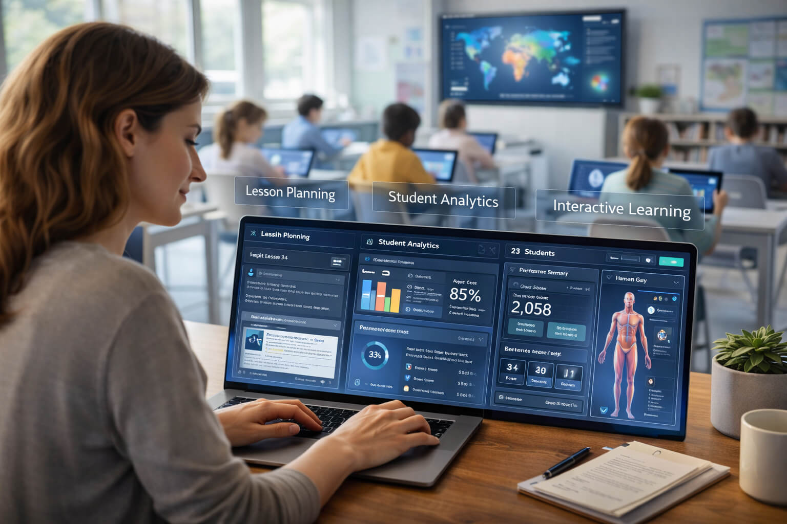 Educator using AI tools for lesson planning and student engagement in a modern classroom