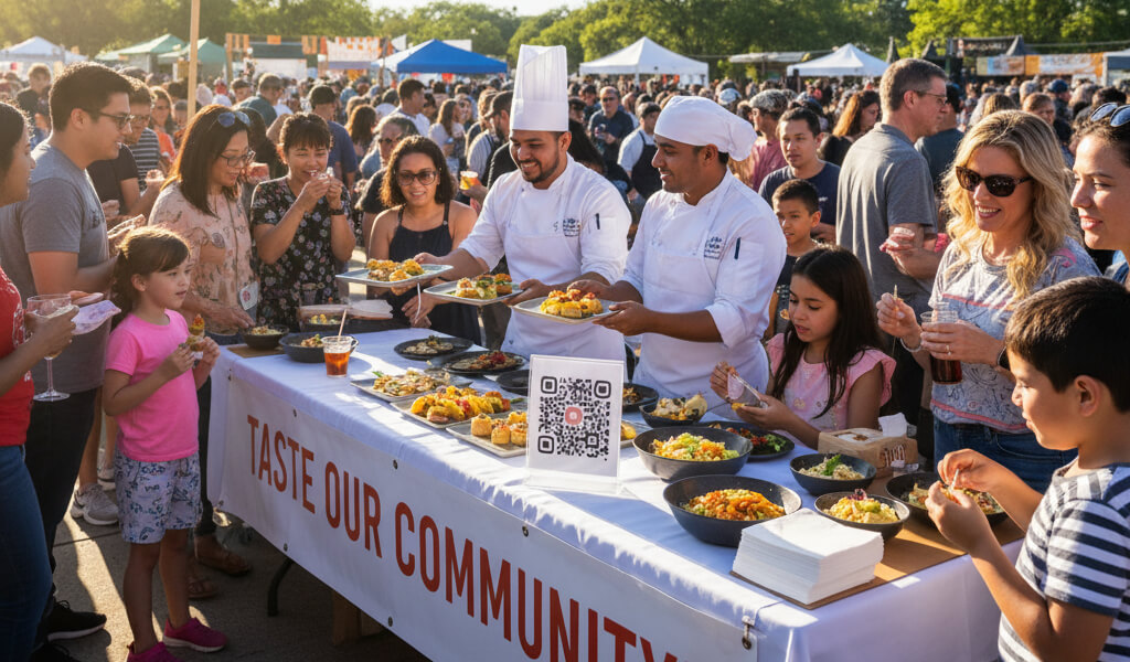 Restaurant booth at a local community event with food samples, branded banners, and QR code linking to website.
