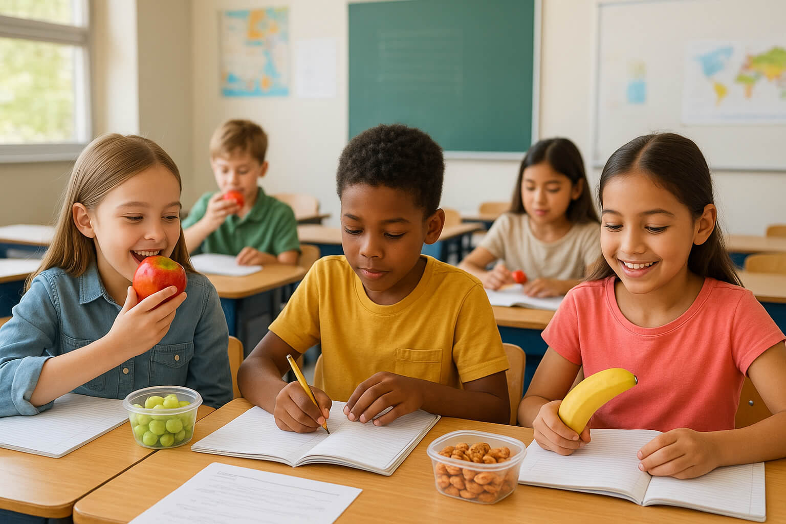 Students enjoying healthy snacks in a classroom while studying, showing how good nutrition supports focus and academic success.