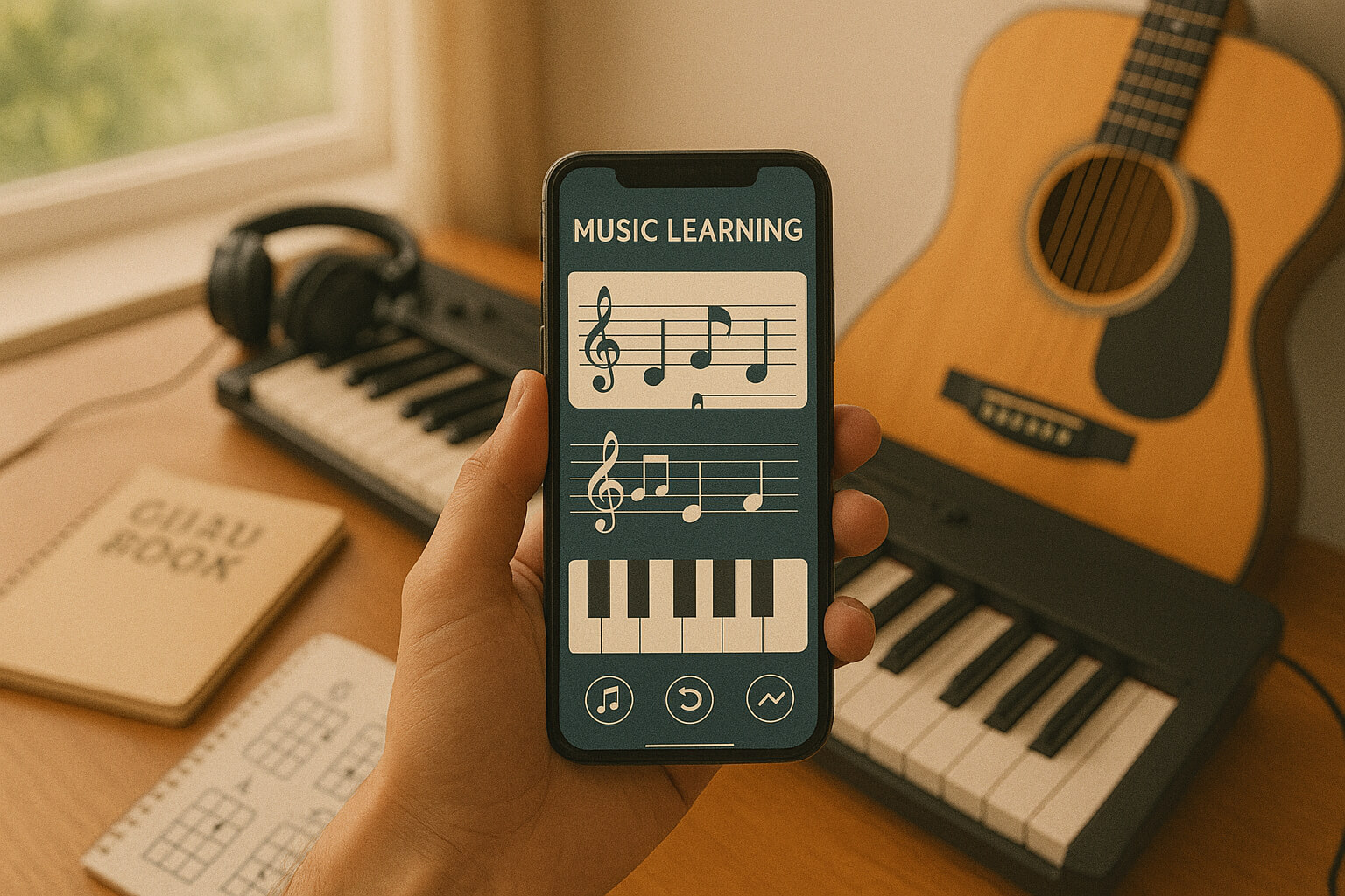 Music learner using a free app with keyboard, guitar, and practice notes in the background.