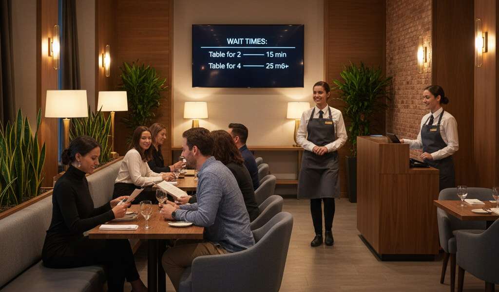 Diners waiting in a modern restaurant with digital wait time displays, comfortable seating, and attentive staff.