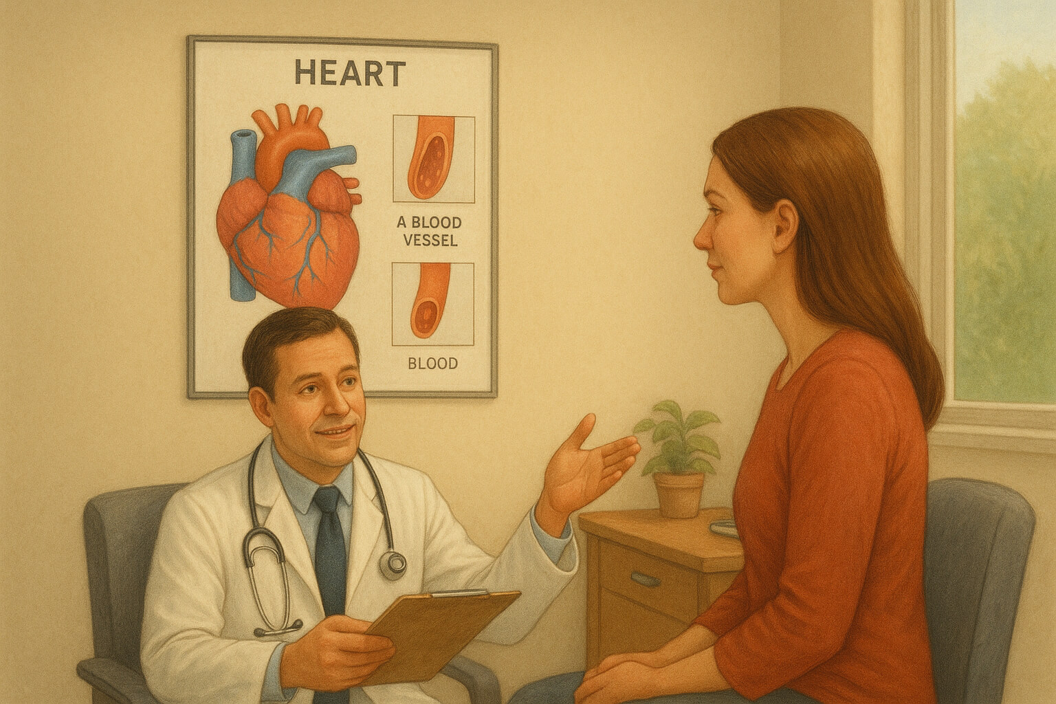 Doctor explaining medical terms to a patient with simple charts and visuals, symbolizing clarity in healthcare communication.