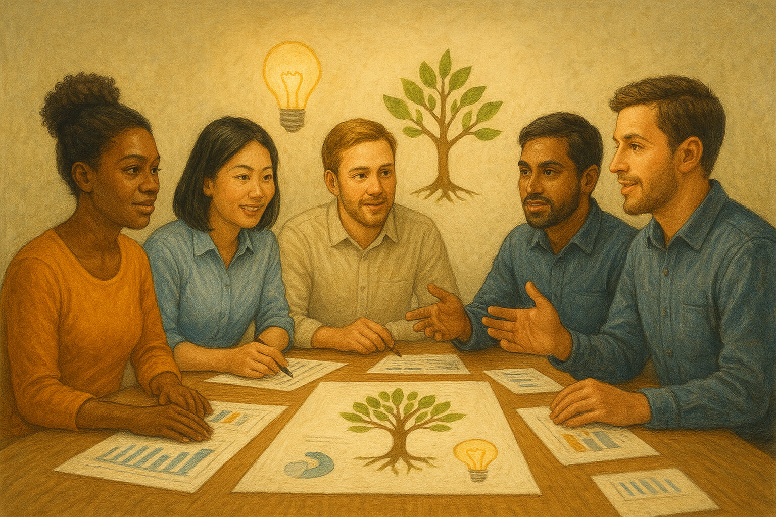 Team collaborating on non-profit planning with charts, lightbulb icons, and a growing tree symbolizing community impact.