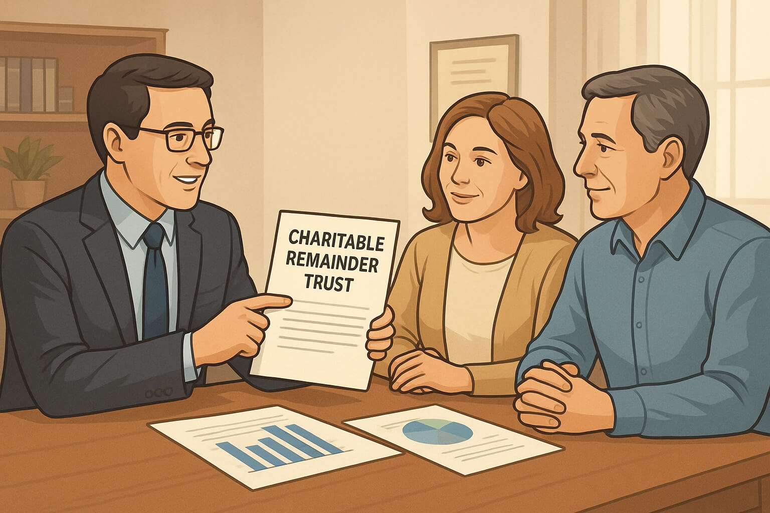 Estate planning attorney explaining a charitable remainder trust to clients with legal papers and charts.