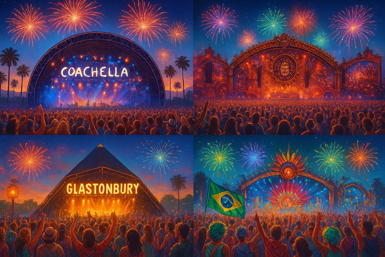 Global music festivals with crowds, stages, and cultural diversity