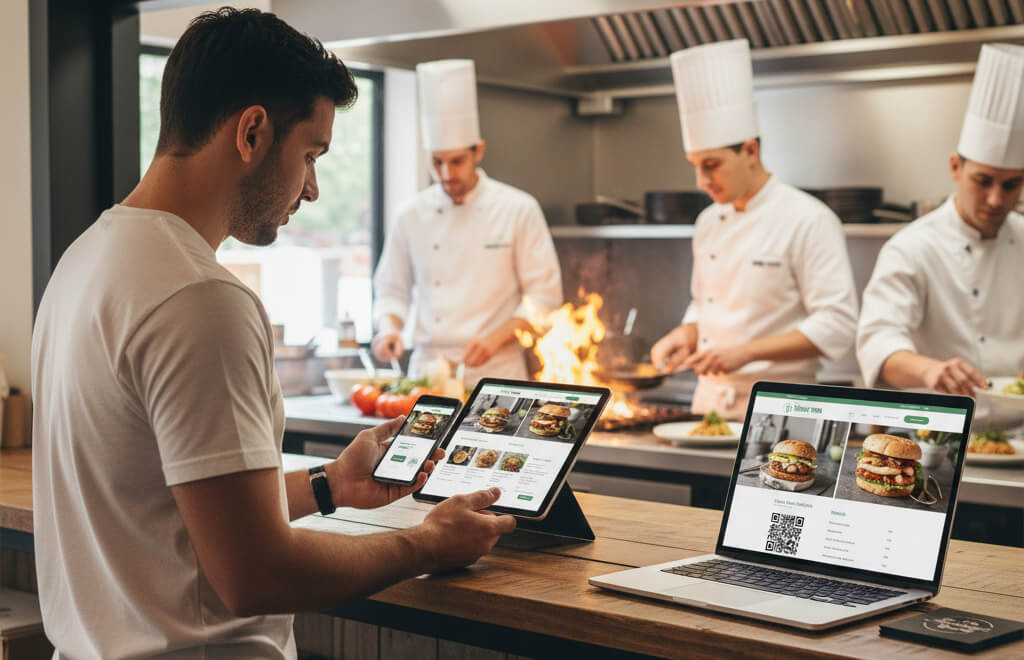 Small restaurant owner managing online orders on a tablet with staff preparing meals in the background.