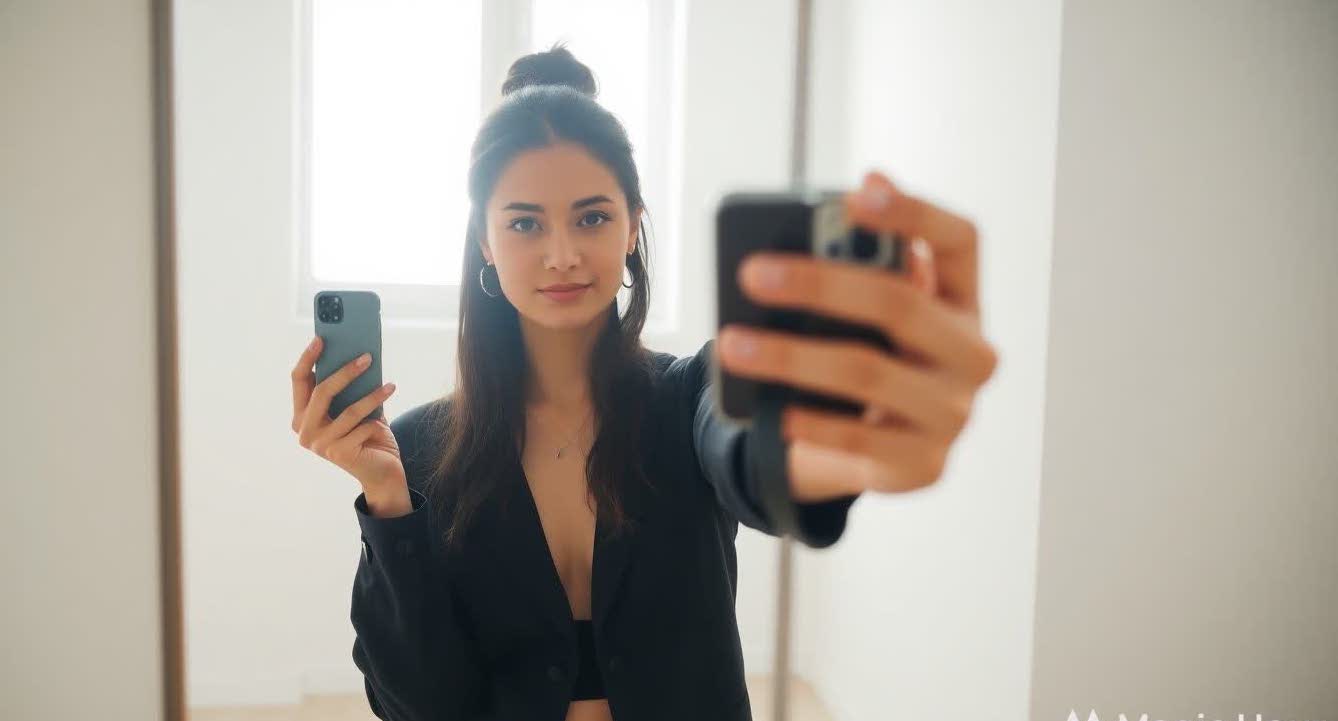 A confident young woman taking a stylish mirror selfie in a bright, minimalist room with natural light, holding her phone at an angle, mirror spotlessly clean, soft artistic lighting effect