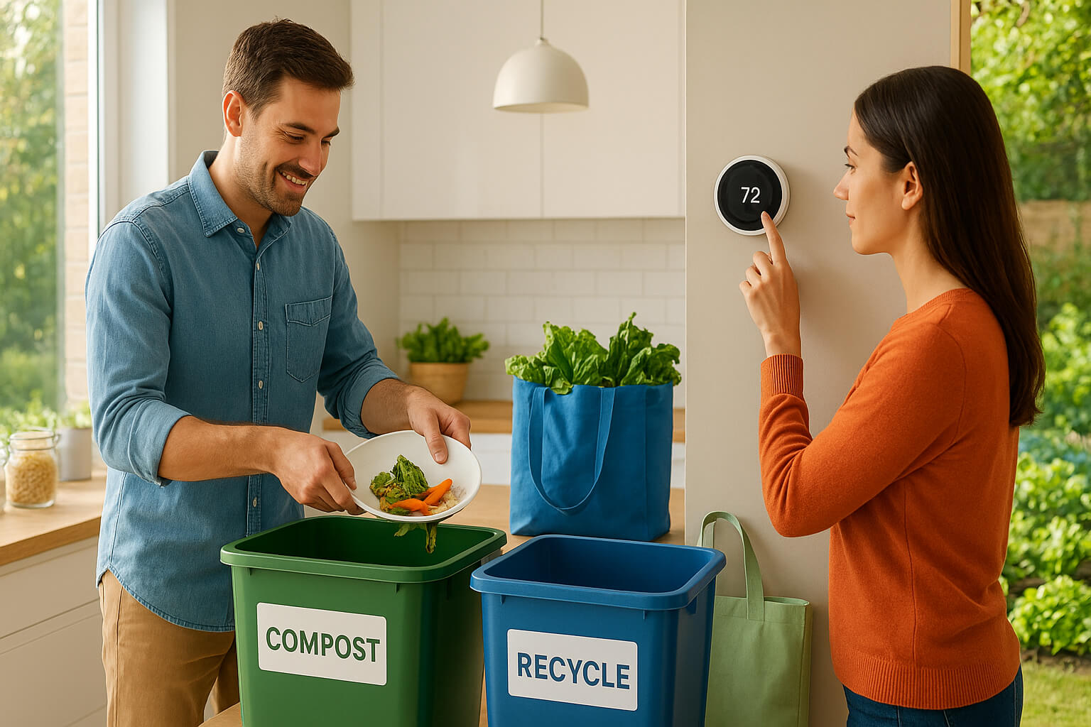 Family practicing eco-friendly habits at home including recycling, composting, and using energy-efficient appliances.