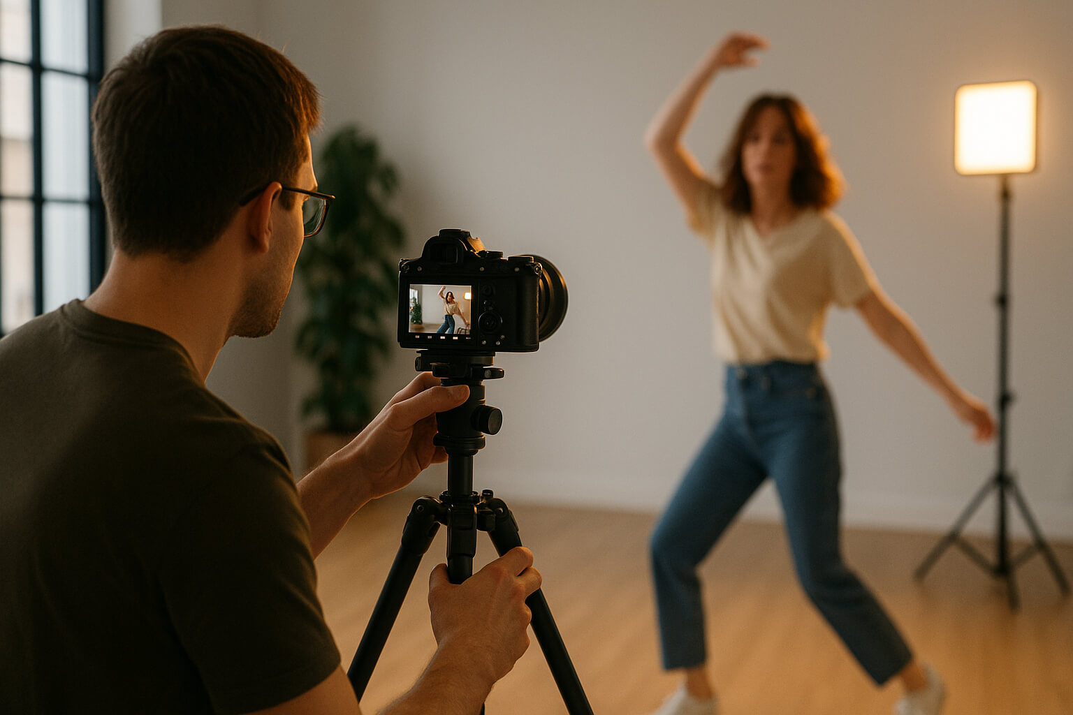Photographer capturing both still photo and video in a hybrid photography setup.