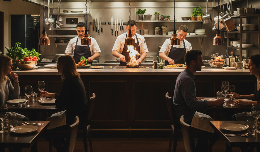 Diners observing chefs in a modern open kitchen, illustrating transparency and trust in restaurant operations.