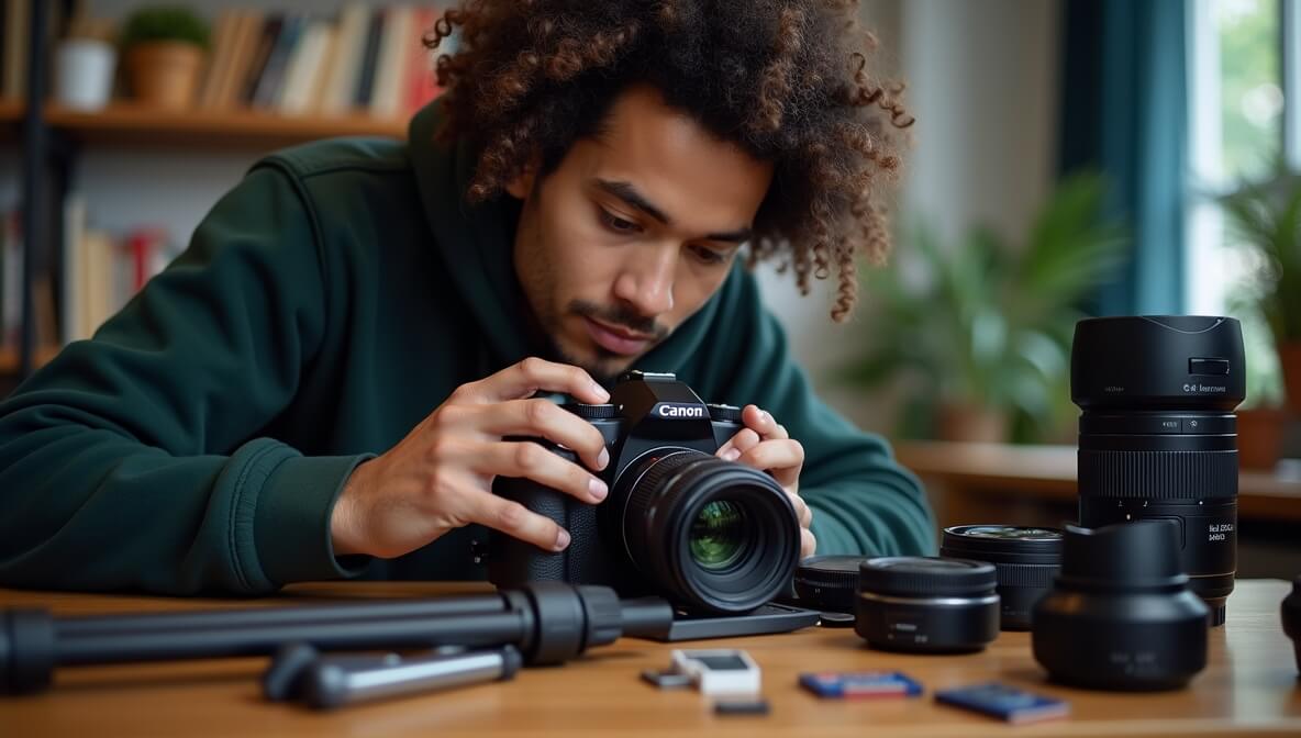 Photographer adjusting camera settings surrounded by various photography equipment, illustrating common photography mistakes and how to avoid them.